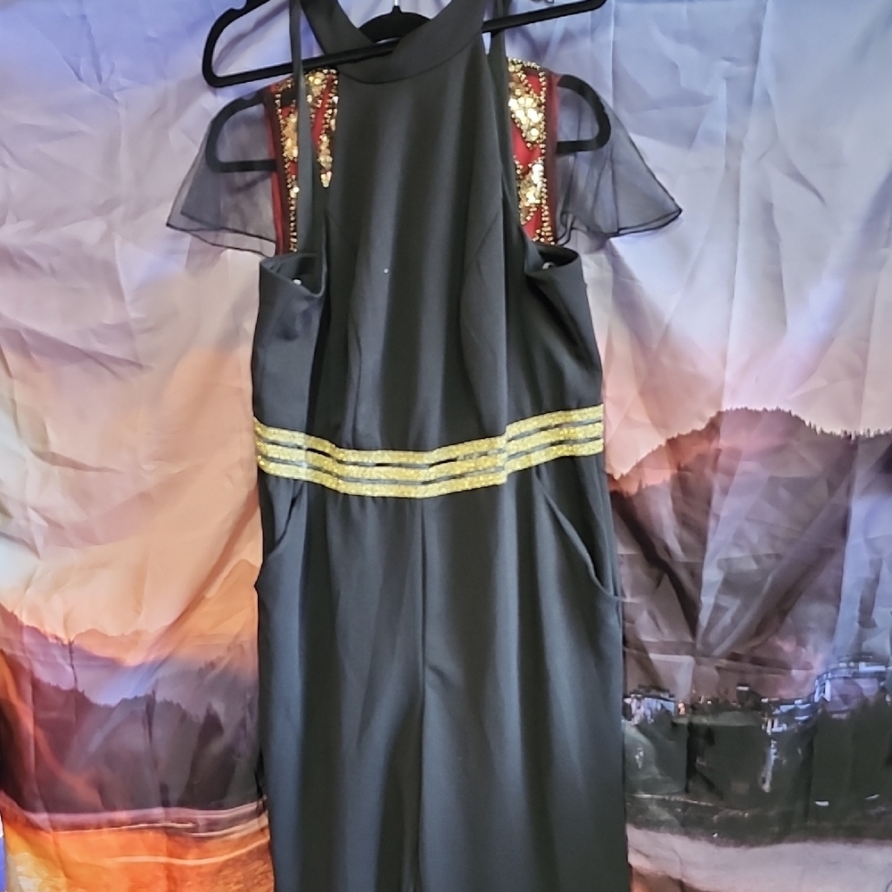 Teeze Me Elegant Black Jumpsuit with Gold and Red Accents